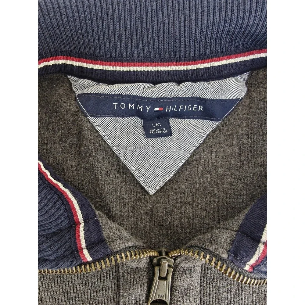 Tommy Hilfiger Mens Large 1/4 Zip Sweater Gray Cotton Pullover Mock Neck Logo